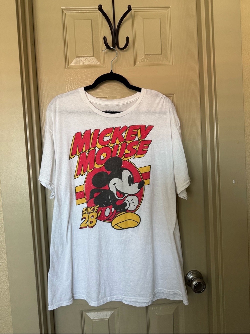 Disney White Short Sleeve Tee with Red & Yellow Mickey Graphic
